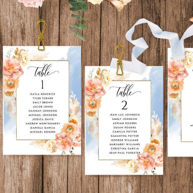 Melocotón, tarjetas de plan de asientos azules con (Subido por el creador)