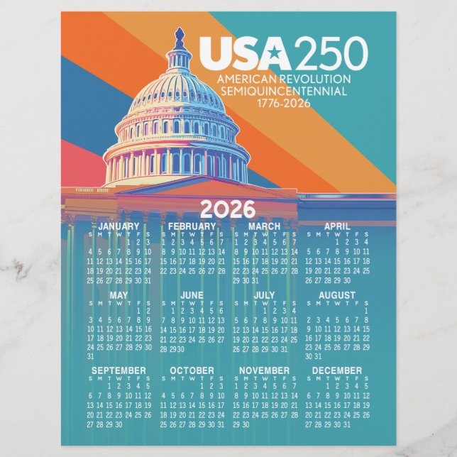 Membrete 2026 Calendar with USA 250 Capital Dome America (Anverso)