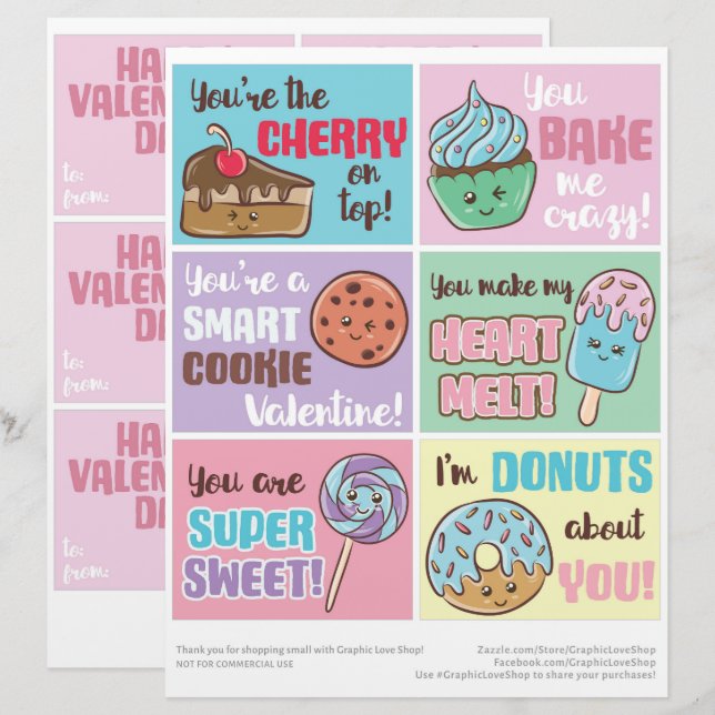Membrete 6 Dulces Regalos Tarjetas del Día de San Valentín  (Anverso / Reverso)