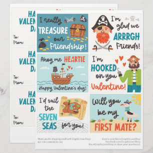 Membrete 6 Tarjetas de Día de San Valentín de Piratas para 