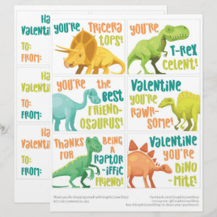 Membrete 6 Tarjetas de San Valentín de Dinosaurios para Cla