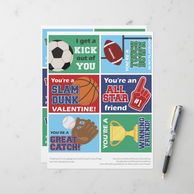 Membrete 6 Tarjetas de San Valentín para niños de deportes  (Anverso/Reverso In Situ)