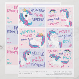 Membrete 6 Tarjetas de San Valentín para niños de unicornio