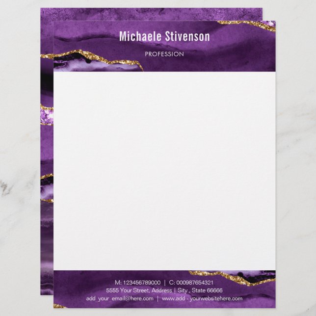 Membrete Agate Purple Violet Gold Purpurina Letterhead (Anverso / Reverso)