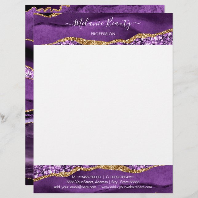 Membrete Agate Purple Violet Gold Purpurina Letterhead (Anverso / Reverso)