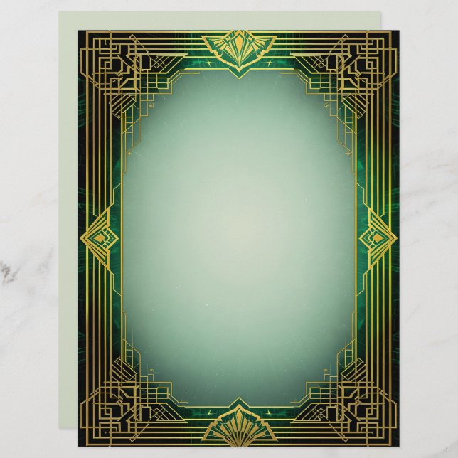 Membrete Art Deco Fan Frame on Green Stationery Paper (Anverso / Reverso)