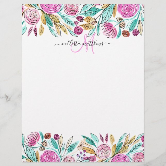 Membrete Artsy Elegant Monograma de acuarela floral Verde a (Anverso)