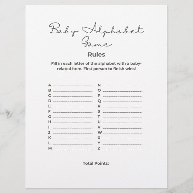 Membrete Baby Shower Alphabet Game (Anverso)