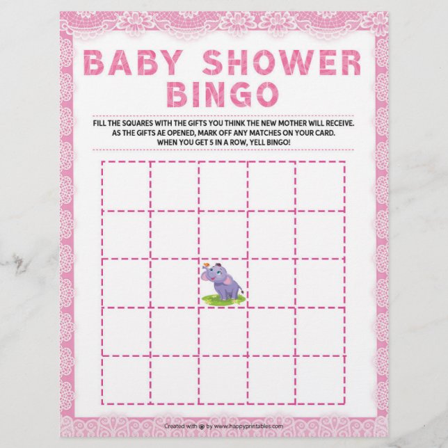 Membrete Baby Shower Bingo [Lujo de lujo [Rosa]] (Anverso)