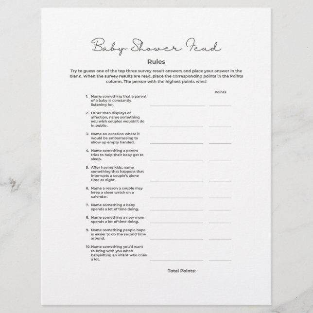 Membrete Baby Shower Feud Game with Answers (Anverso)