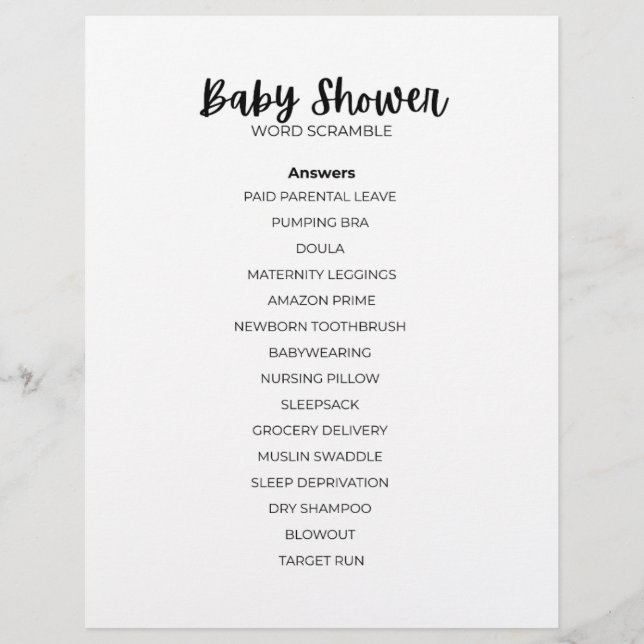 Membrete Baby Shower Word Scramble Answer Sheet (Anverso)