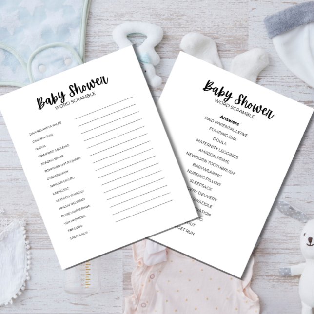 Membrete Baby Shower Word Scramble Game (Baby Shower Word Scramble printable game details and answer sheet)