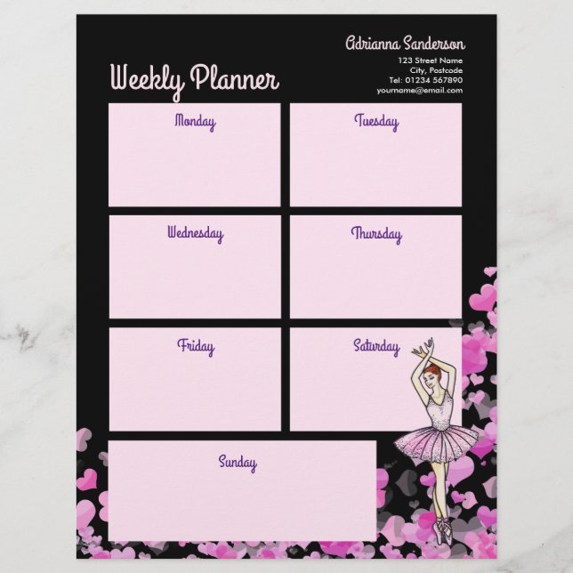 Membrete Ballerina Vestido Rosa Corazones Planner Semanal P (Anverso)