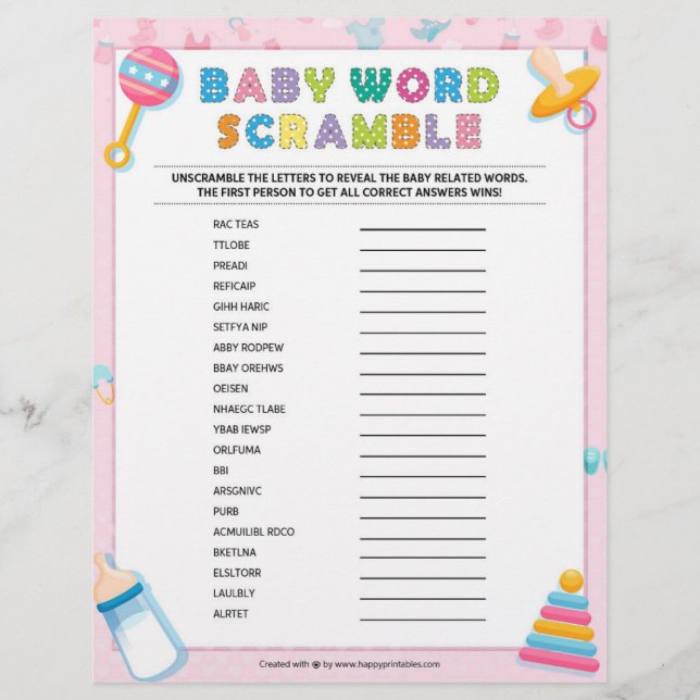 Membrete Bebé Word Scramble [Baby Basics Pink] (Anverso)