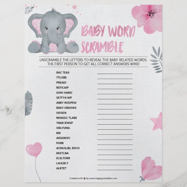 Membrete Bebé Word Scramble [Bebé Elefante [Rosa]] (Anverso)