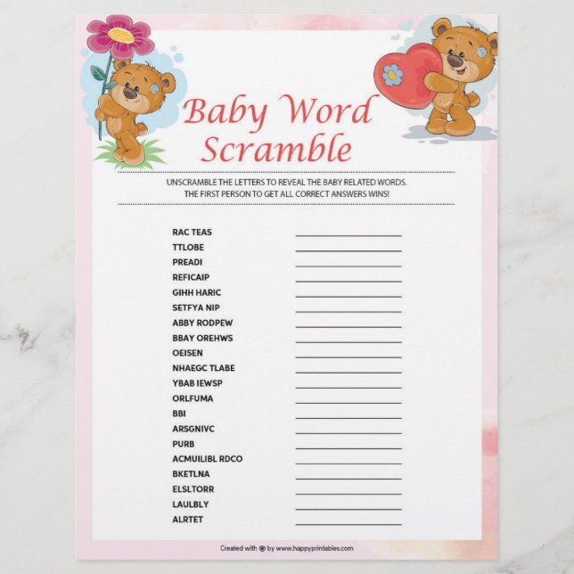 Membrete Bebé Word Scramble [Osos de peluche] (Anverso)