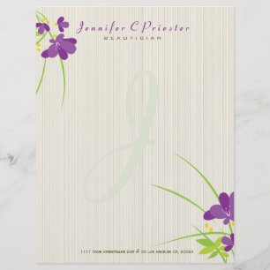 Membrete Beige Morado Y Ilustracion De Flor Verde