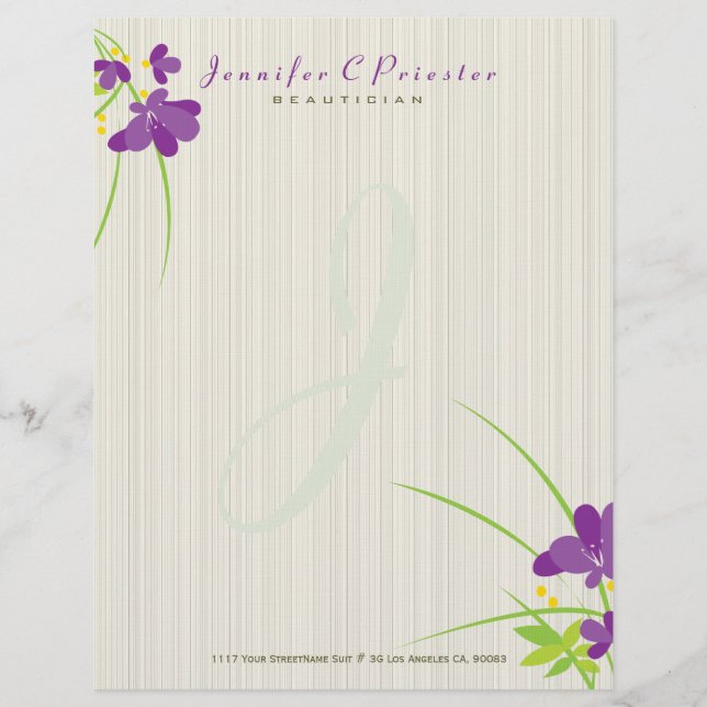 Membrete Beige Morado Y Ilustracion De Flor Verde (Anverso)