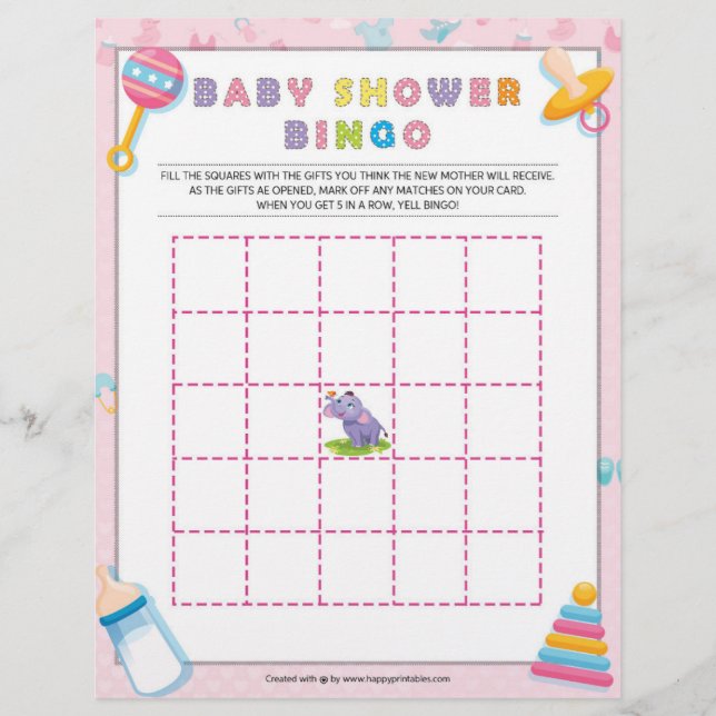 Membrete Bingo Baby Shower [Baby Basics Pink] (Anverso)