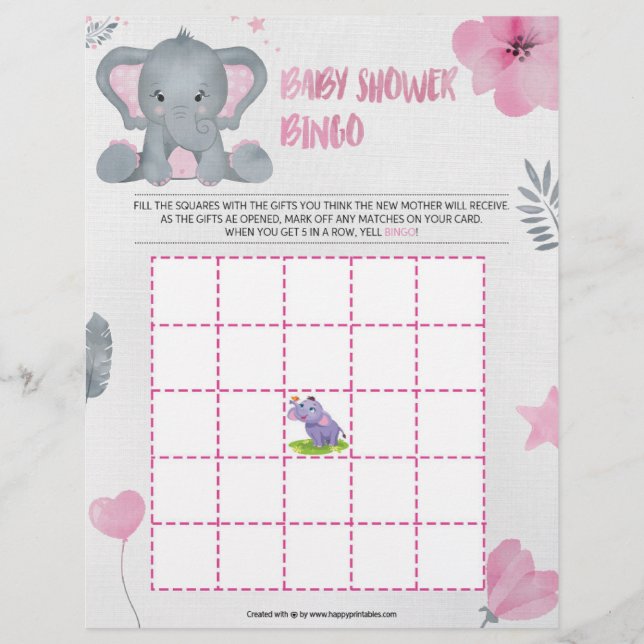 Membrete Bingo Baby Shower [Elefante Bebé [Rosa]] (Anverso)