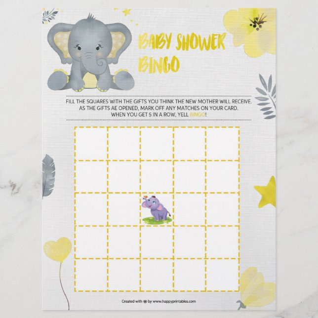 Membrete Bingo de Baby Shower [elefante bebé [amarillo] (Anverso)