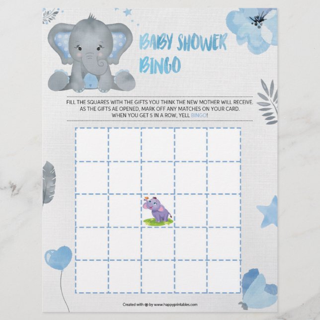 Membrete Bingo de Baby Shower [Elefante Bebé [Azul] (Anverso)