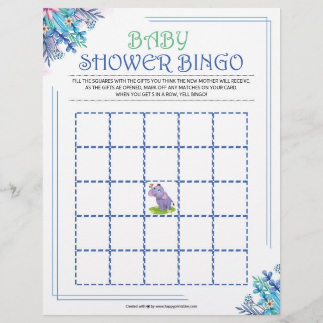 Membrete Bingo de Baby Shower [Floral azul] (Anverso)
