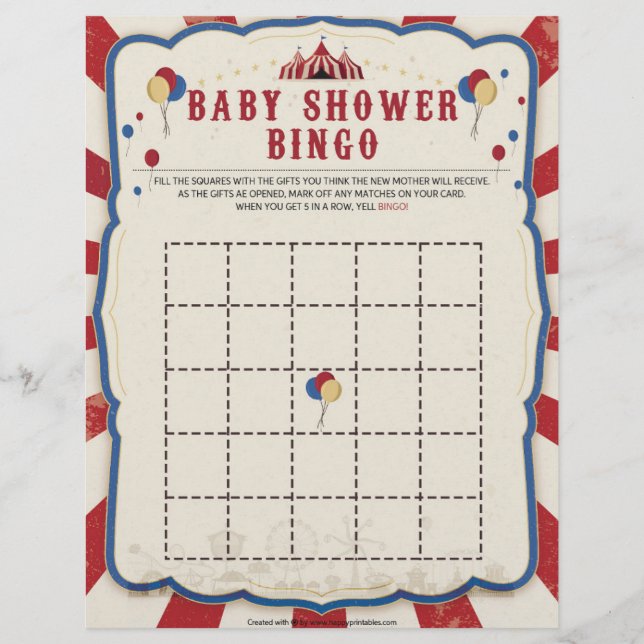 Membrete Bingo de Baby Shower [Tema del circo] (Anverso)