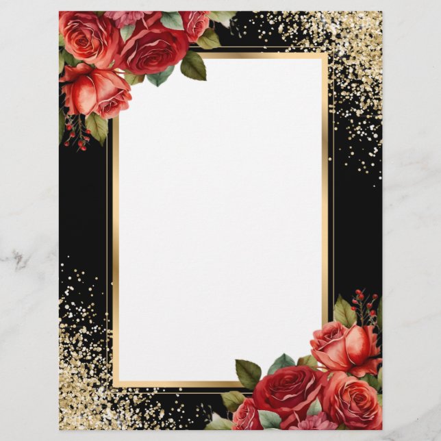 Membrete Black Gold Glitter Red Roses Photo (Anverso)