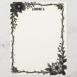 Membrete Black & Gray Flowers Thorny Frame Stationery Paper