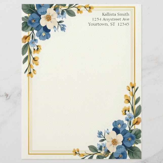 Membrete Blue and White Floral Corners Stationery Paper (Anverso)