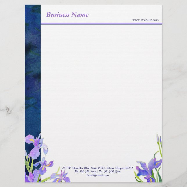 Membrete Blue Purple Iris Floral Business (Anverso)