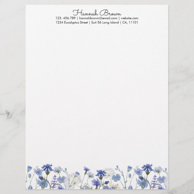 Membrete Blue Watercolor Wilflower Garden (Anverso)