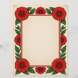 Membrete Bright Red Flowers & Frame Stationery Paper