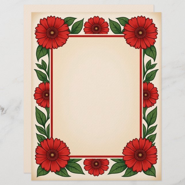Membrete Bright Red Flowers & Frame Stationery Paper (Anverso / Reverso)