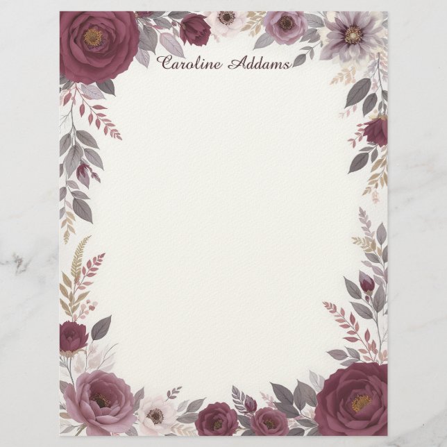 Membrete Burgundy and Gray Floral Stationery Paper (Anverso)
