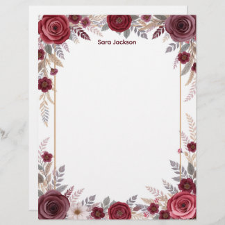 Membrete Burgundy Floral with Gray Accents Stationery Paper