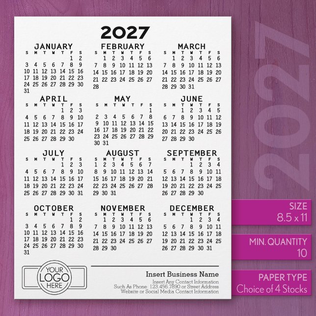 Membrete Calendario 2027 - Logotipo básico de oficina comer (2027 Calendar on US Standard Size Letter Paper)