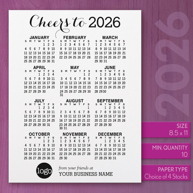 Membrete Calendario Negra de Negocios Blancos - Vacaciones (2026 Calendar)