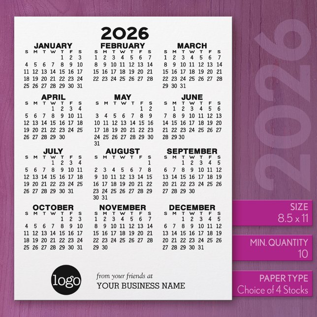 Membrete Calendario Negra de Negocios Blancos - Vacaciones (2026 Calendar)