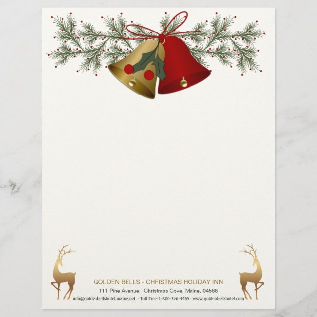 Membrete Campanas de Navidades rojos y dorados, holly y pin (Anverso)