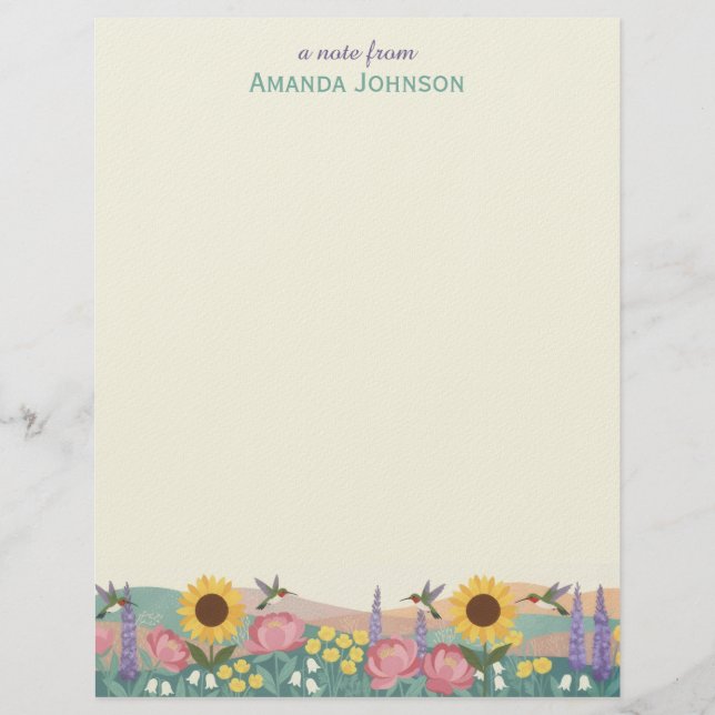 Membrete Campo de flores de colibrí personalizado con nombr (Anverso)