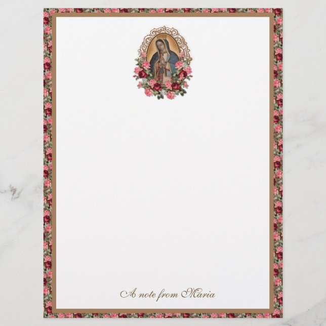 Membrete Catholic Virgin Mary Guadalupe Roses Stationery (Anverso)