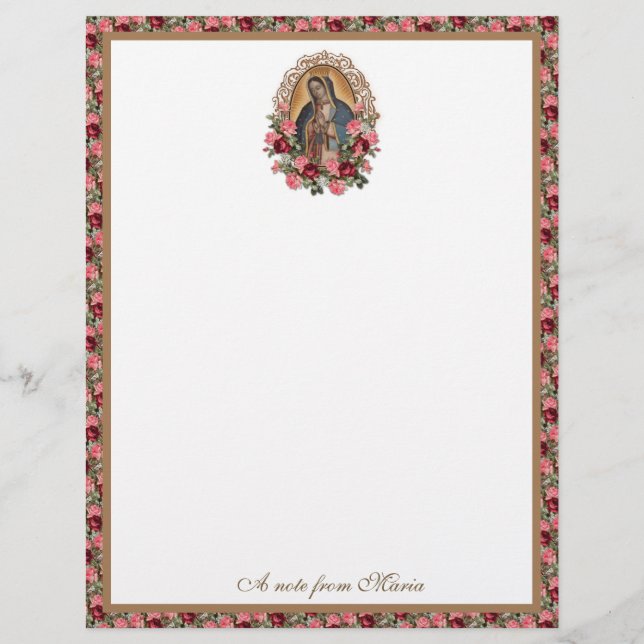 Membrete Catholic Virgin Mary Guadalupe Roses Stationery (Anverso)