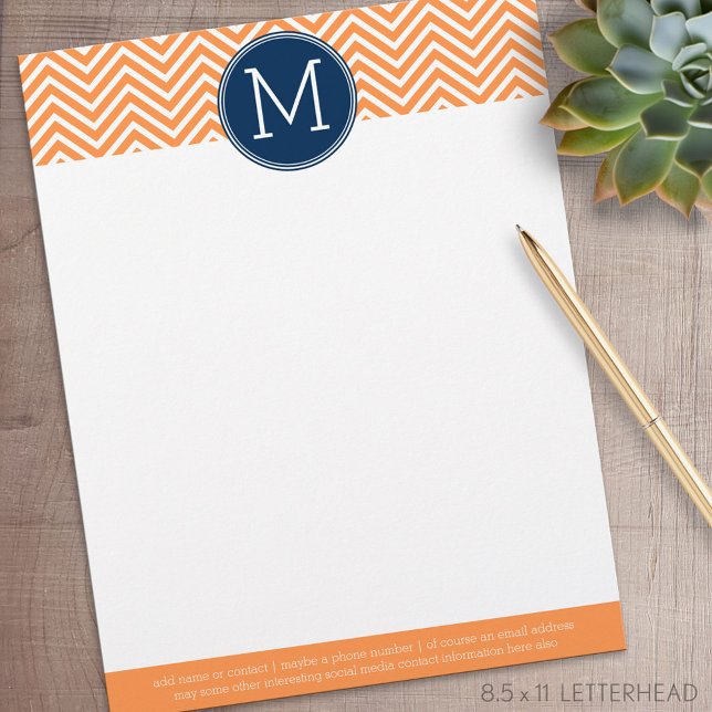 Membrete Chevrons de la Marina y el Naranja con Monograma P (Personalized Letterhead )