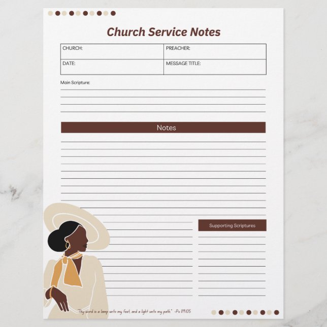 Membrete Church Black Woman Service Notes Biblia cristiana (Anverso)