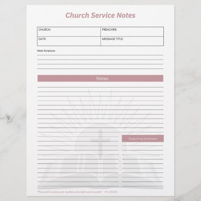 Membrete Church Service Christian Bible Notes Pink (Anverso)