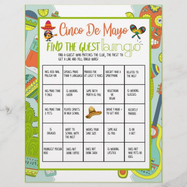 Membrete Cinco De Mayo Encuentra El Juego De Bingo Invitado (Anverso)