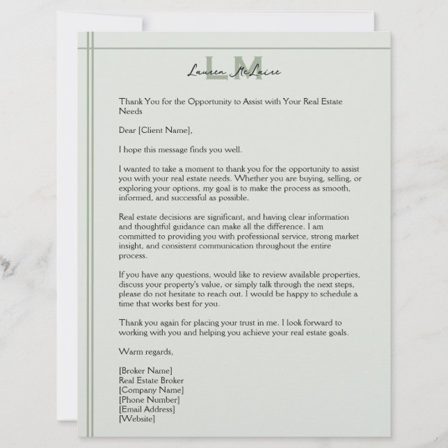 Membrete Classic Sage Realtor Client Correspondence Letter (Anverso)