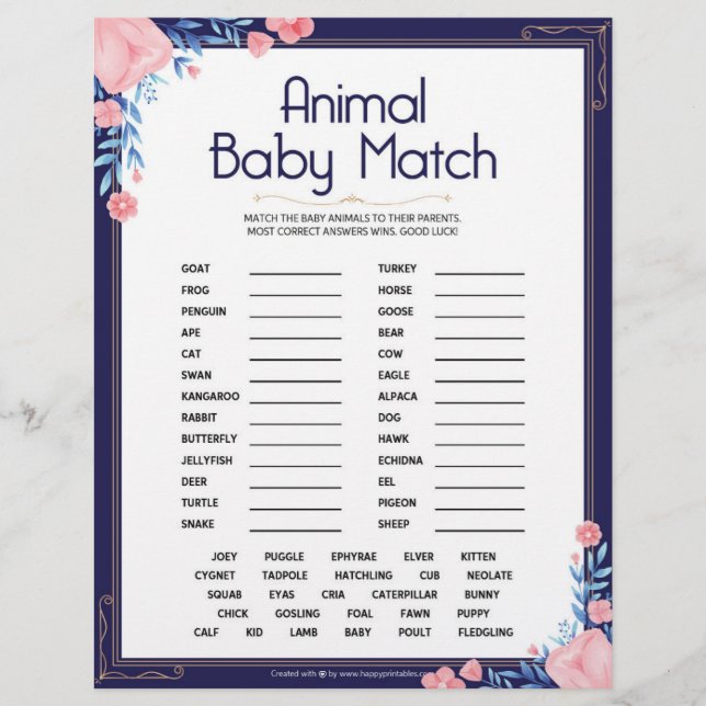 Membrete Coincidencia de bebé animal [marco floral] (Anverso)
